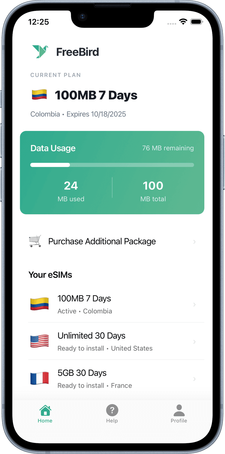FreeBird App Home Screen showing eSIM packages and mobile data plans for travelers